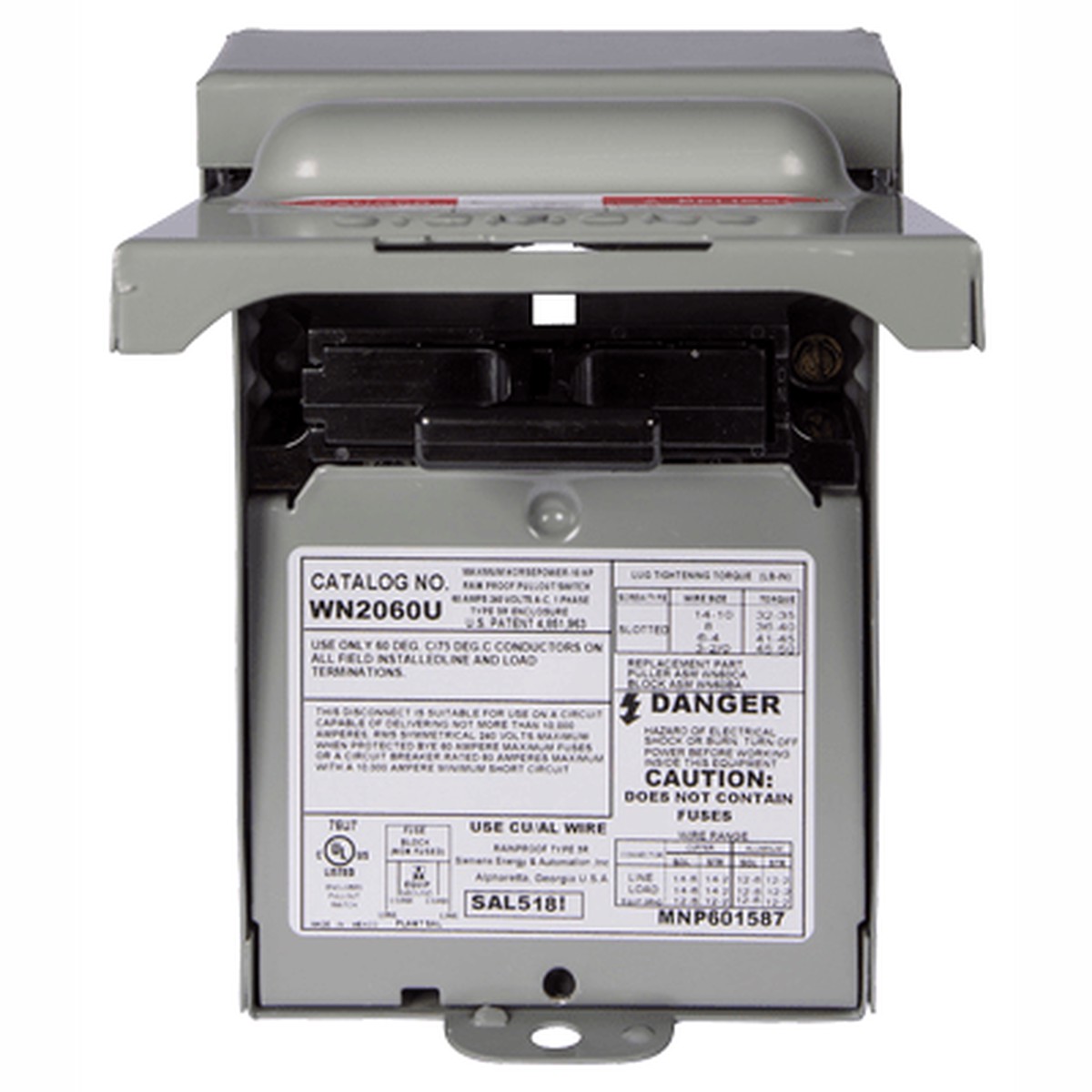 Interruptor de seguridad 2x60Amp. Nema 3R, Sin Portafusible