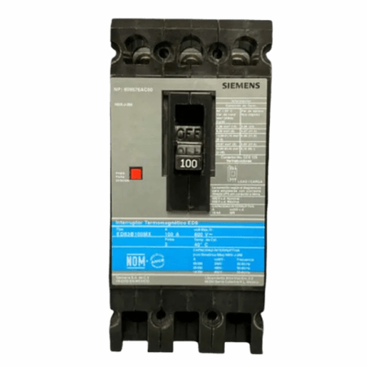 Interruptor Termomagntico ED6 600V 3X100A, Sin zapatas principales.