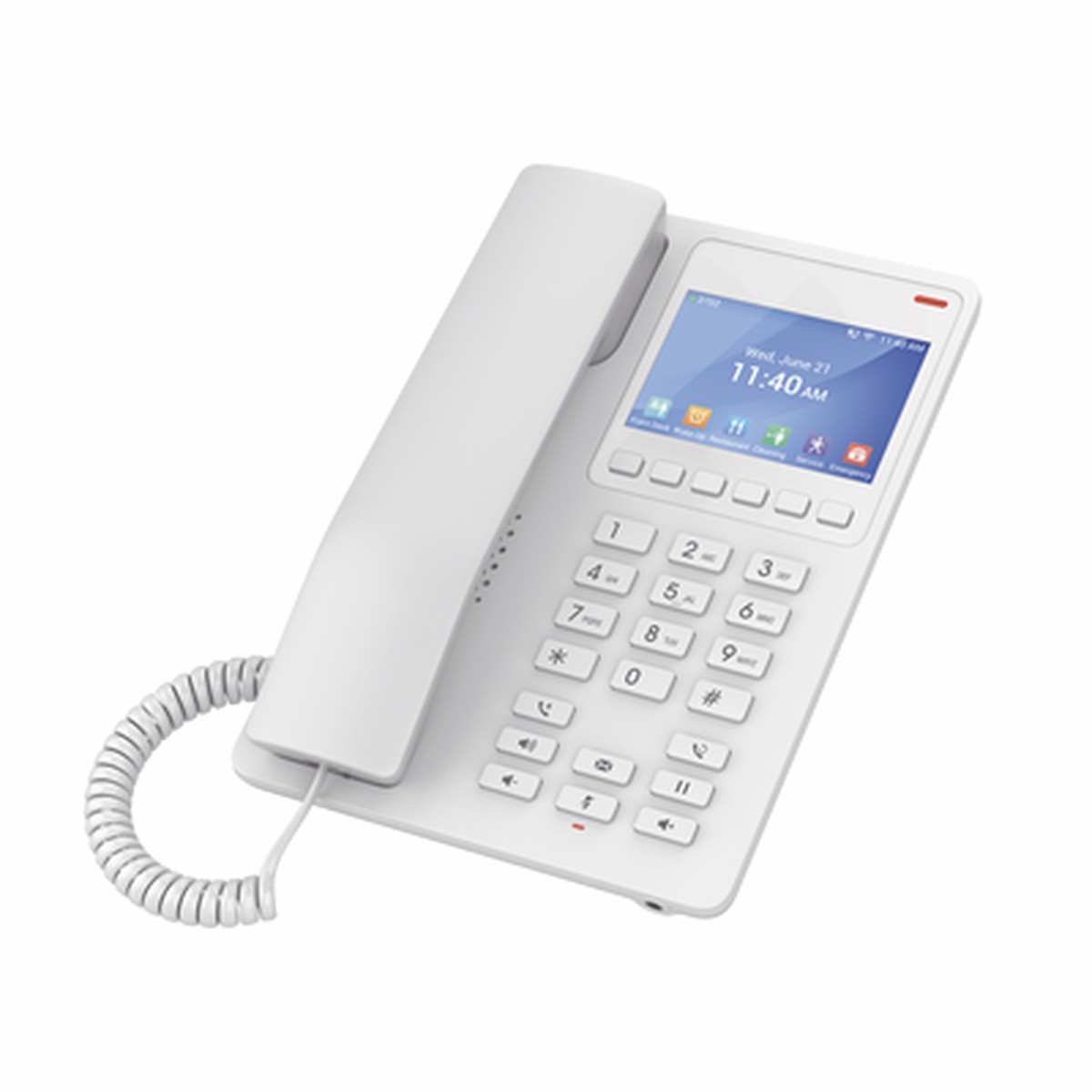 Telfono IP Hotelero con pantalla LCD a color, 2 lneas SIP con 2 cuentas, codec Opus, IPV4/IPV6, color blanco, con gestin en la nube GDMS