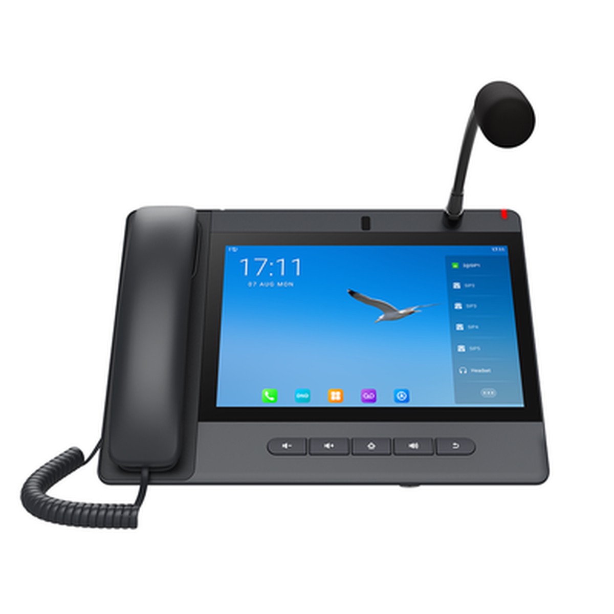 Telfono IP Android 9.0 Empresarial para voceo 20 lneas SIP, pantalla tctil, Wi-Fi y Bluetooth, PoE, Voceo/ Msica por Multicast, puertos Gigabit, soporta recepcin de video.