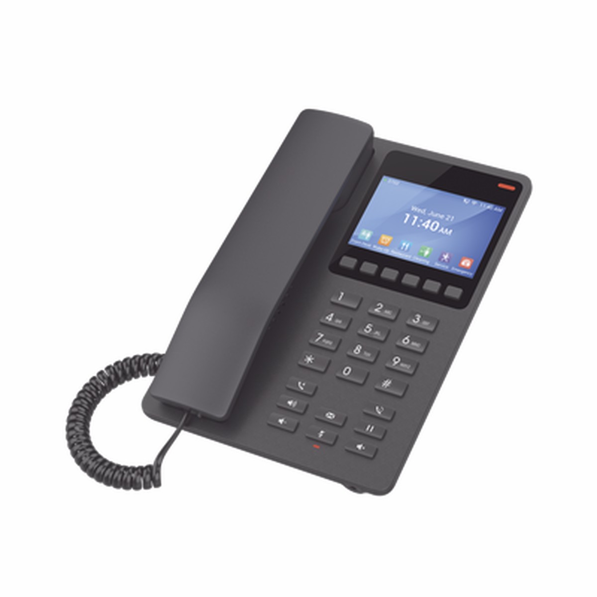 Telfono IP Hotelero con pantalla LCD a color, 2 lneas SIP con 2 cuentas, codec Opus, IPV4/IPV6, color negro, con gestin en la nube GDMS