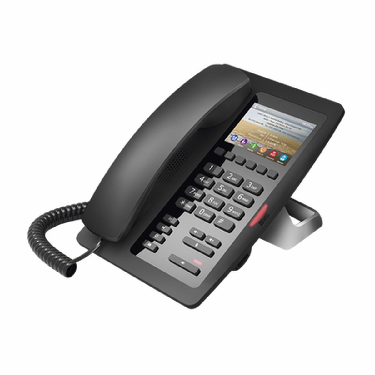 Telfono IP Hotelero / Pantalla LCD Color 3.5" / 2 Lneas SIP / 6 Teclas Programables Hotline / Puerto USB Carga / PoE 802.3af / Personalizable con Logo Hotel