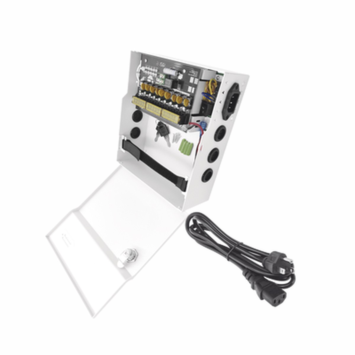 Fuente de Poder con ajuste de voltaje de 11 - 15 Vcc / 10 A / 9 Salidas / Capacidad de Batera de Respaldo / Requiere Batera / Voltaje de Entrada 96-264 Vca